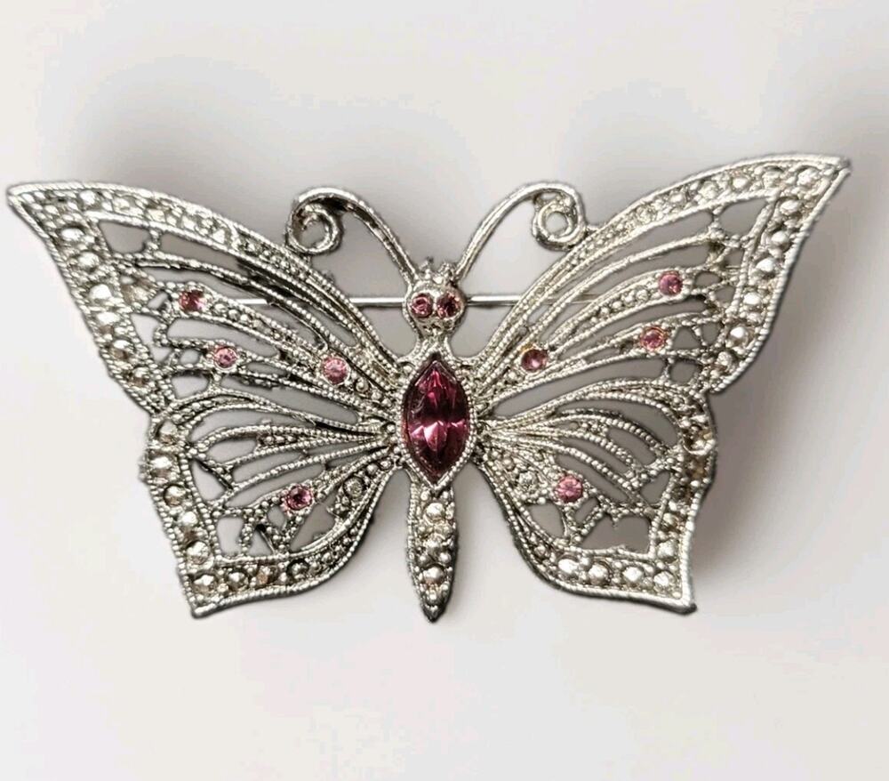 Vintage LIA Marcasite, Amethyst & Garnet Rhinestone Butterfly Brooch Pin